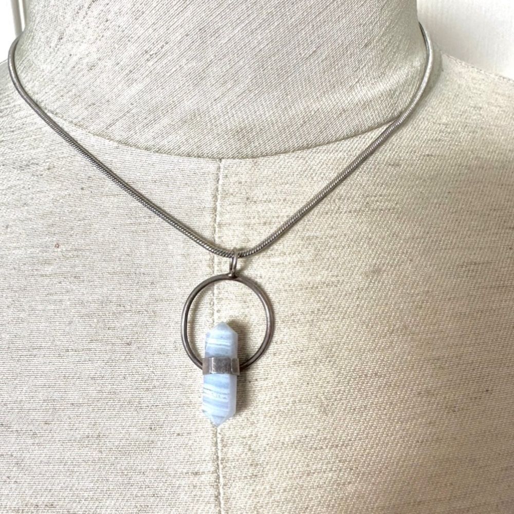 Blue lace agate silver pendant necklace